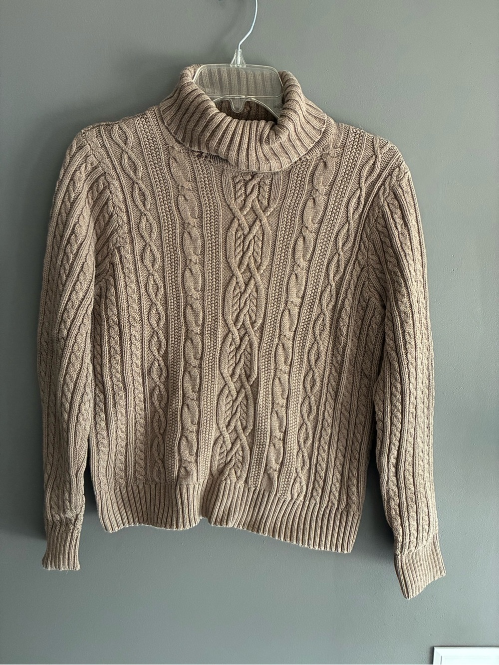 Classic 100% Cotton Taupe JEANNE PIERRE Cable Knit Turtleneck Sweater